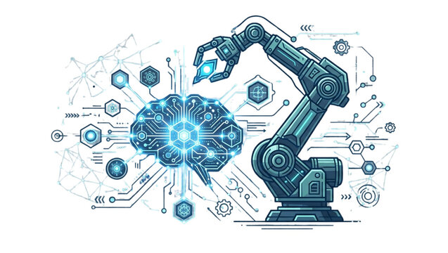 Modern robotic arm with futuristic circuit brain technology illustration transparent background