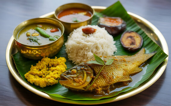 Authentic Assamese Thali with Masor Tenga Fish Curry, Khar, Steamed Rice, Fried Eggplant, Bamboo Shoot Pickle, Dal and Green Vegetables