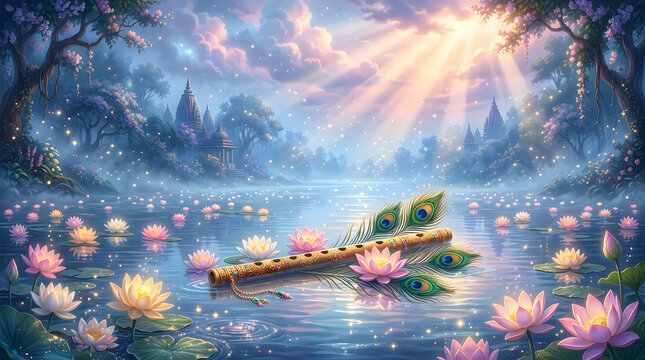 Floating lotus flowers in misty water scene with sunlight rays