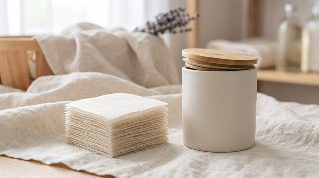Stack of waterless laundry detergent sheets and a ceramic storage container on linen