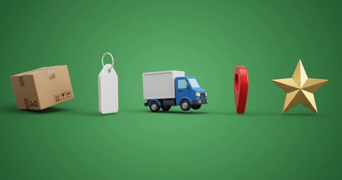3D icon set of cardboard box, white price tag, blue delivery truck, red location pin, and gold star on green screen background
