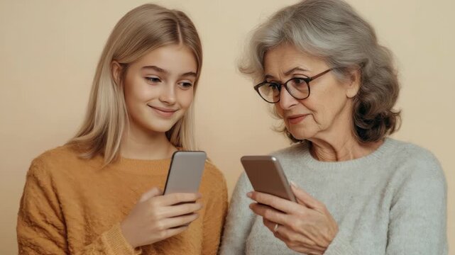 An of a young woman and an older woman, both engrossed in their smartphones, signifies the intersection of technology use across age groups.