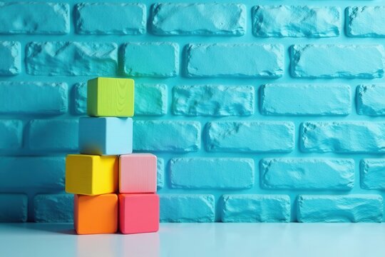 A vibrant stack of colorful blocks against a painted brick wall background