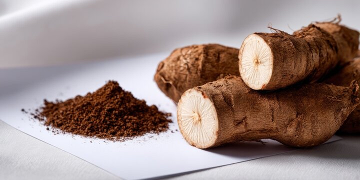 Close up of cut cassava roots and powder on white paper food and ingredient concept