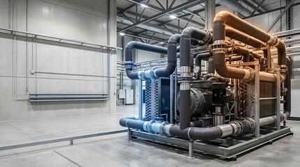 Fototapeta premium Industrial heat pump system installation in modern mechanical plant room with copper piping and machinery