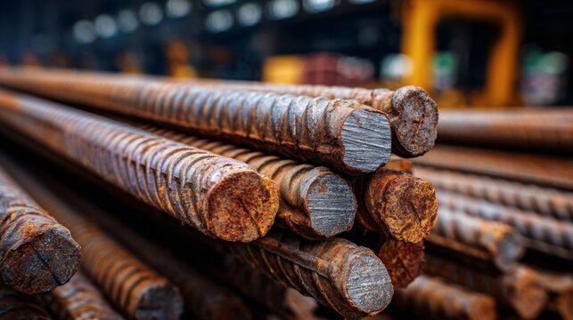 Rusty steel reinforcement bars stacked in a warehouse showcasing industrial materials for construction projects