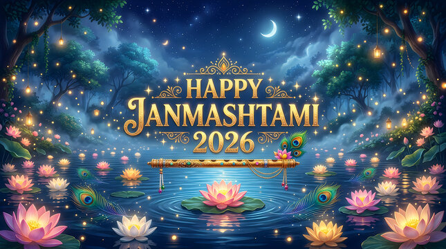 Festive Janmashtami celebration with glowing lights and floral decorations