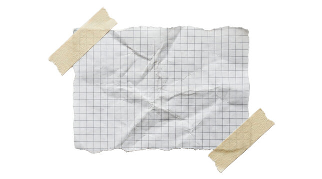 Crumpled piece of grid paper attached with masking tape isolated on transparent background