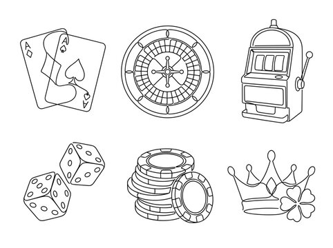 Hand drawn casino line art collection, gambling symbols, roulette wheel, poker cards, minimalist vector style