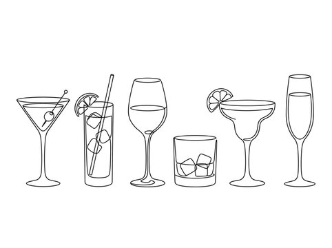 Alcoholic drink and summer cocktail line art set, minimalist bar menu icons for invitation, vector continuous line drawing