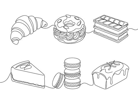 French pastry set with croissant, macarons and cake, minimalist one line art, continuous line drawing