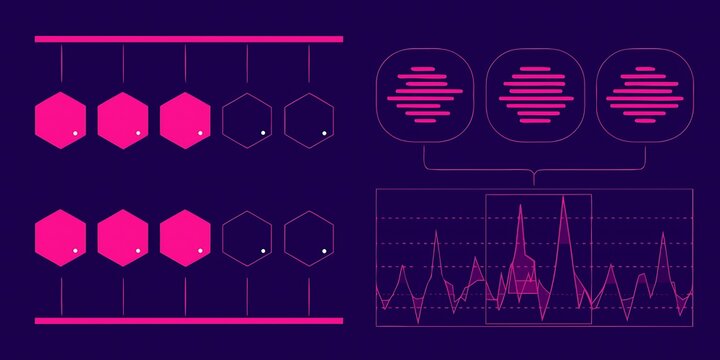 Futuristic Neon Pink HUD UI Dashboard with Hexagonal Grid and Bar Chart Infographics