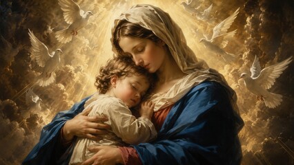 Fototapeta premium Virgin Mary embracing sleeping Child Jesus with white doves and radiant heavenly light of divine love