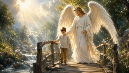 Fototapeta premium Guardian angel protecting young child on wooden bridge beside waterfall in radiant heavenly light landscape