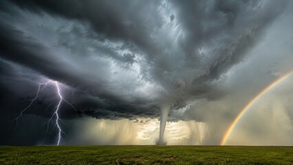 Fototapeta premium Powerful tornado with lightning strike and rainbow beneath dramatic storm clouds over open green landscape