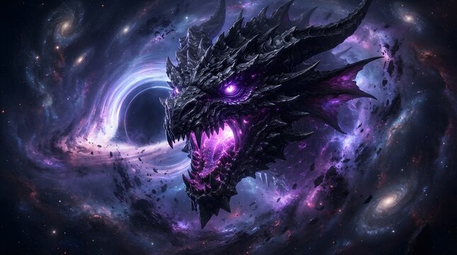 Cosmic dragon emerging from a swirling galaxy in deep space