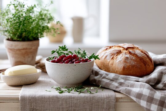 Cozy cottage kitchen breakfast scene with crusty bread bowl of cranberries and butter for food blog background and recipe banner
