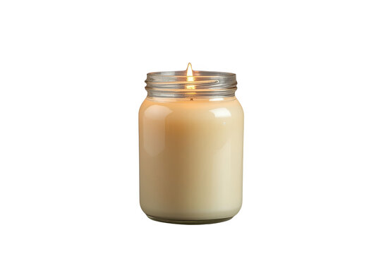 Pale cream jar candle with small flame isolated