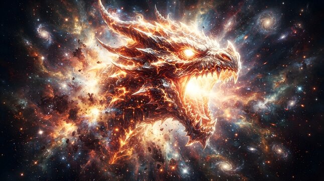 Fiery cosmic dragon emerging from a vibrant galaxy