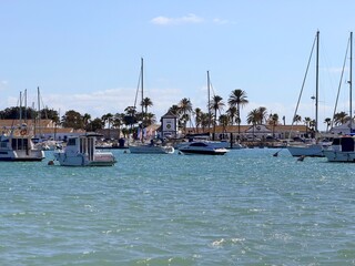 view from the Cano de Sancti Petri to the Puerto Deportivo de Sancti Petri marina with many boats between Cadiz, San Fernando and Chiclana de la Frontera, Andalusia, Spain © keBu.Medien