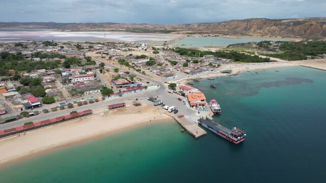 Aerial view of Araya Pier and its coastal surroundings, showcasing the Caribbean shoreline of Araya, Gran Roque, Venezuela.