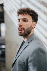 Young businessman with a beard and earring sticks out his tongue while looking at the camera. Playful portrait of a professional man in a gray blazer in a modern urban interior. © qunica.com