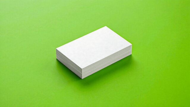 White blank paper card stack isolated on bright green background