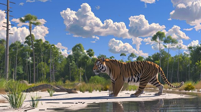 Digital painting of a tiger walking along a shoreline, with lush trees and a blue sky