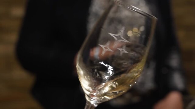 Close-up view of a glass with white wine being swirled to release its aromatic compounds