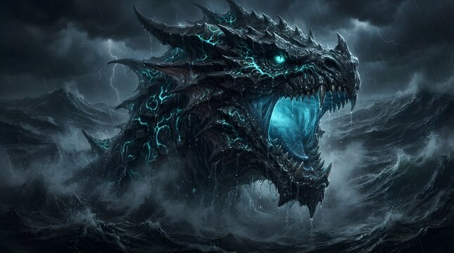 Fierce sea dragon emerging from stormy ocean with glowing eyes