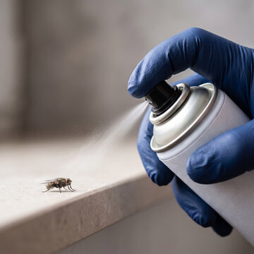 Extreme close-up of a pest control technician spraying chemical insecticide aerosol on a housefly, professional pest control and household disinfection concept