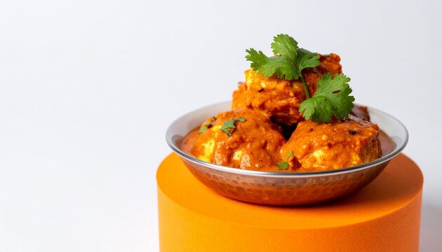 Creamy Malai Kofta Paneer Dumplings Served on Vibrant Orange Podium
