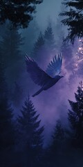 Naklejka premium Soaring raven in forest depicting nighttime atmosphere with foggy background