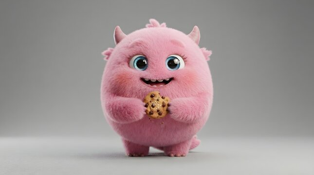 Cute pink furry monster holding a cookie on a gray background