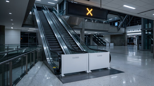 Closed Escalator Blocked by White Barrier Panels in Modern Terminal | Out of Service Escalators with Closed Signs in Empty Airport | Escalator Maintenance Closure in Public Transport Station 