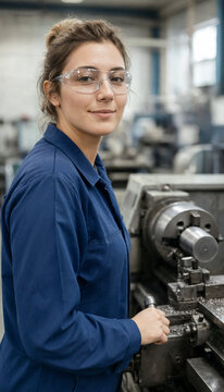 Young female machinist operates a lathe while wearing safety glasses and a blue work coat in an industrial workshop. She looks confident and focused, suitable for manufacturing themes.