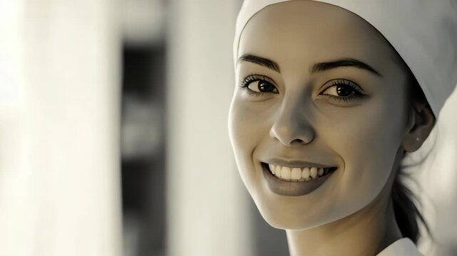 Happy female cook in kitchen