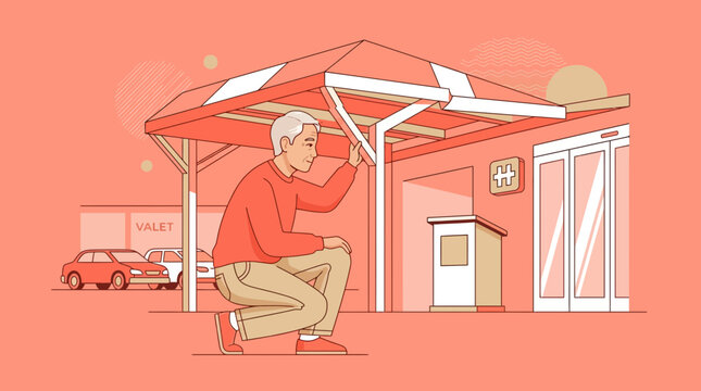 Man inspects structure of covered parking with valet service sign