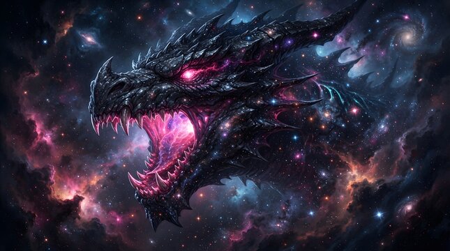 Cosmic dragon with glowing eyes in a starry galaxy background
