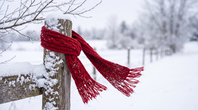 A red knitted scarf is wrapped around a wooden fence post in a snowy landscape. Snow covers the ground and trees, creating a winter scene.