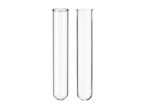 Pair of clear glass test tubes upright on transparent background, laboratory vials for science research and chemistry experiments