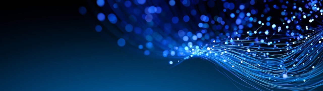 Abstract representation of quantum computing with blue light waves and data points illustrating quantum technology concepts
