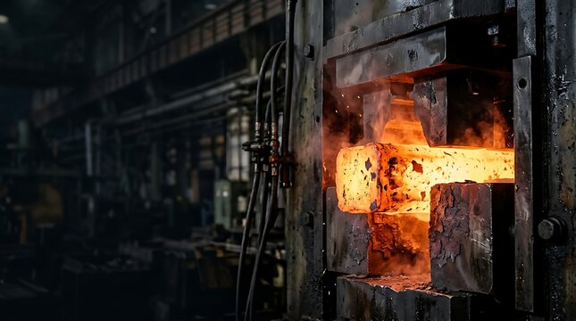 Glowing hot metal billet being forged in an industrial hydraulic press machine