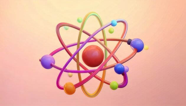 Colorful 3D Atom Model Illustration on Gradient Background.