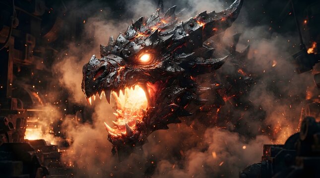 Fierce fire-breathing dragon in dramatic fantasy setting