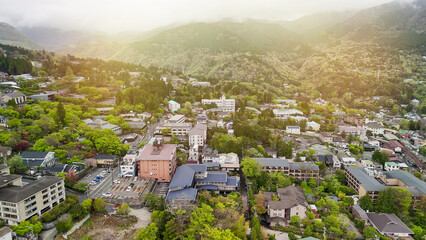Fototapeta premium Gora Hakone Japan aerial panorama of mountains hot springs ryokans