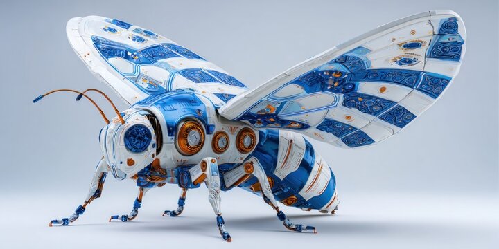 Abstract mechanical bee illustration against a white background with blue and orange details