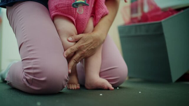 Parent kneeling, supporting baby taking first steps on a floor, fostering development and learning to walk
