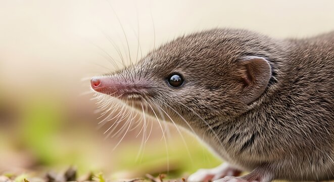 Close-up of small brown shrew outdoors.