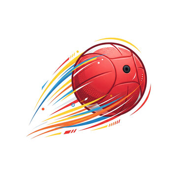 Red dodgeball with dynamic speed motion lines vector illustration for fast sports action.